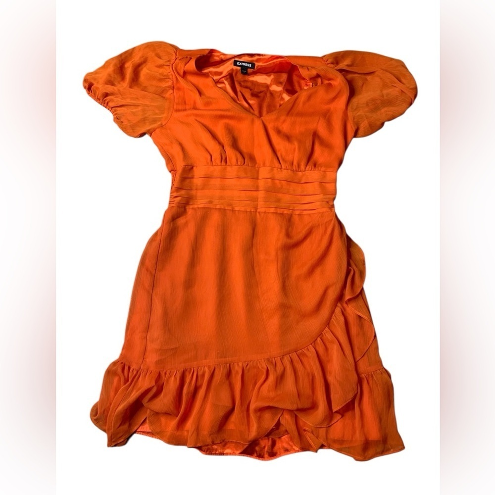 Express Orange Chiffon Puff Sleeve Ruffle Mini Dress - Size Small